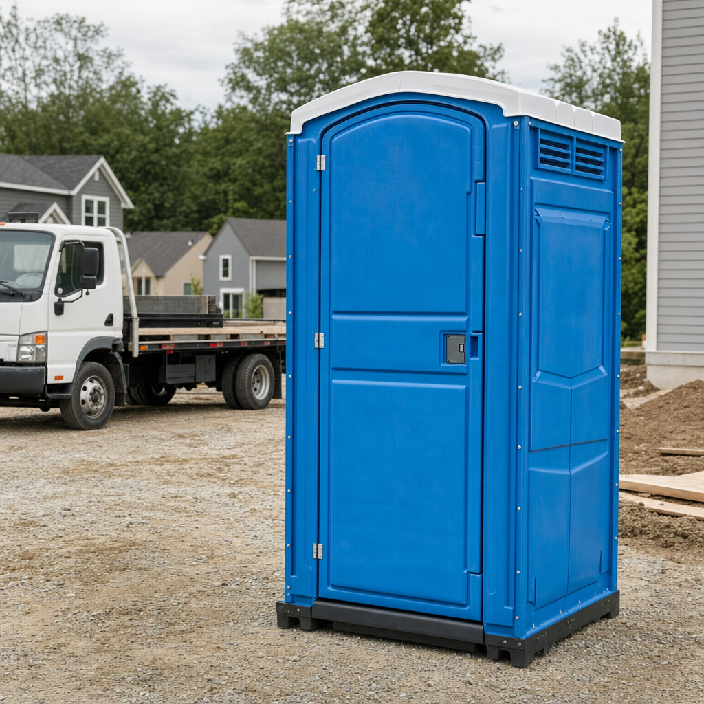 Delivery driver positioning a clean royal-blue portable toilet on level ground at a Atlanta worksite