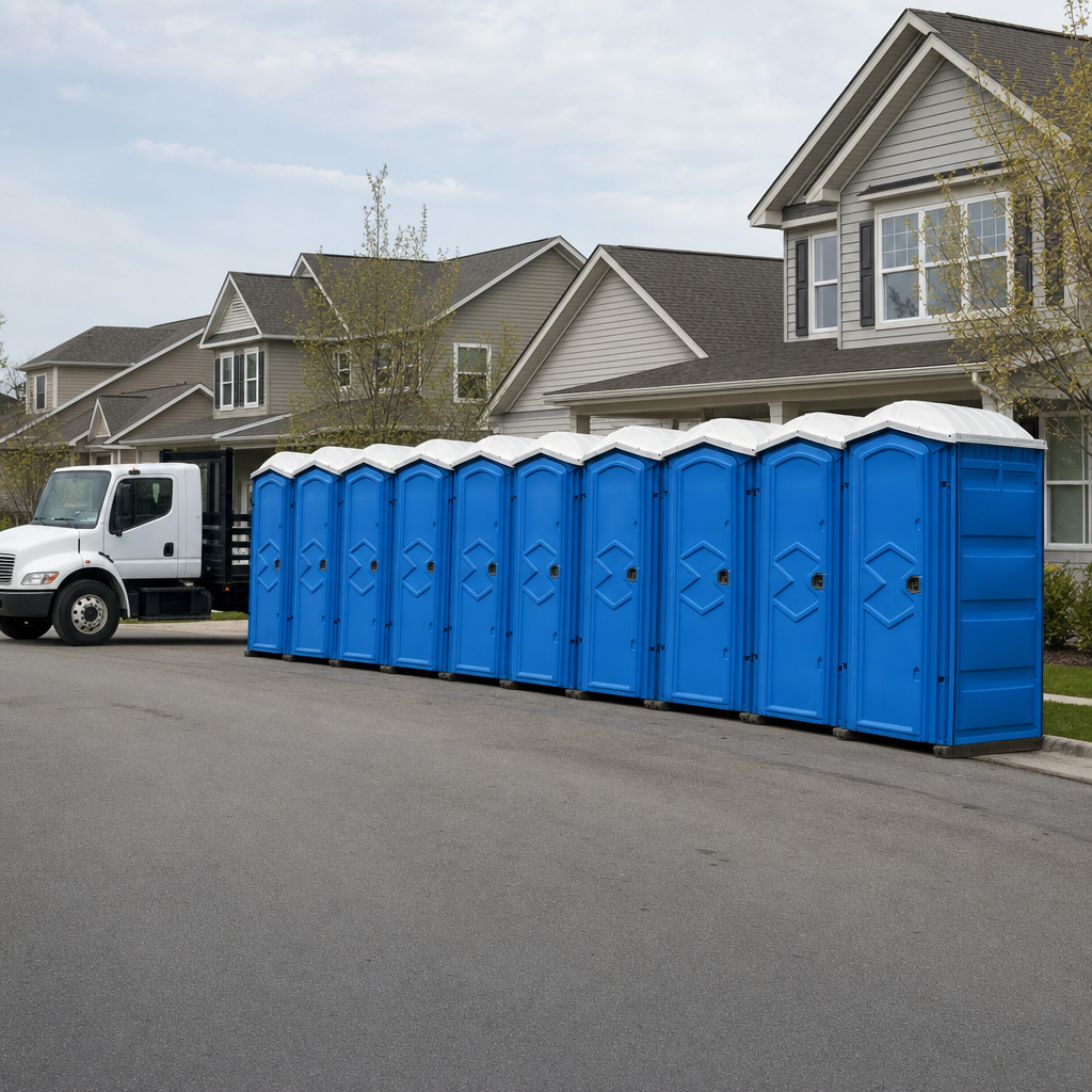 Royal blue portable toilets staged in a tidy row at a Atlanta jobsite, ready for delivery